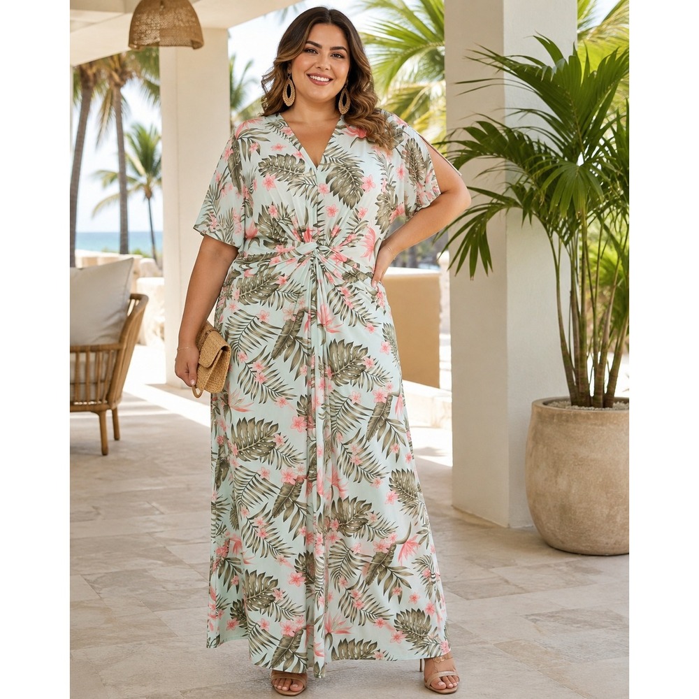 441. Global Chic Tropical Palm Floral Twist Front Maxi Dress Pink Green 3X